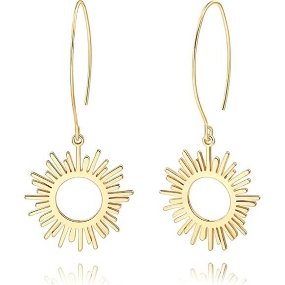 18K Gold Sunburst Earrings | Boho Geometric Hoop Dangle | Lightweight Sun Ray - Picture 8 of 8